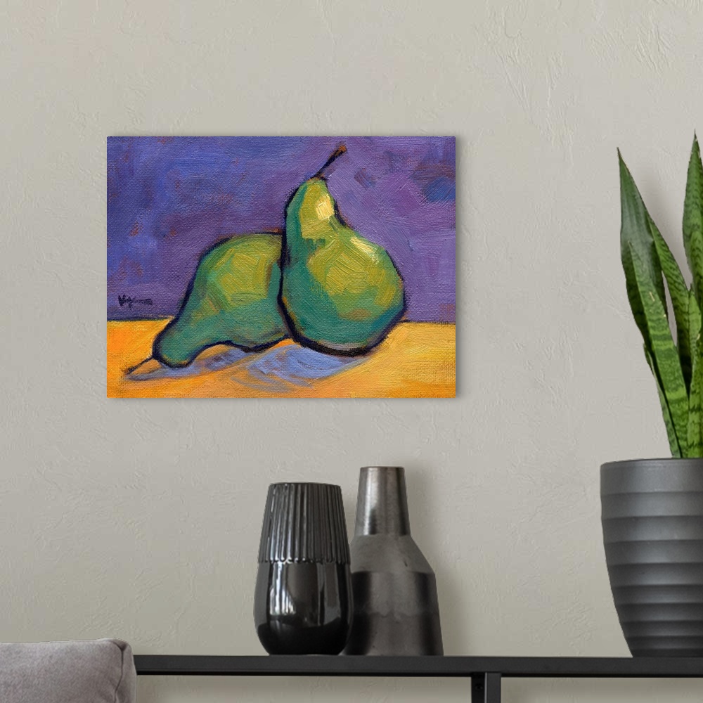 A modern room featuring A contemporary abstract painting of two pairs in vibrant colors.