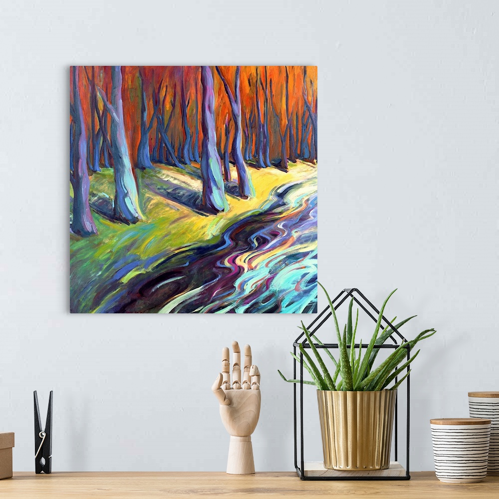 A bohemian room featuring A contemporary abstract painting of a river in a forest painted with colorful brush strokes.