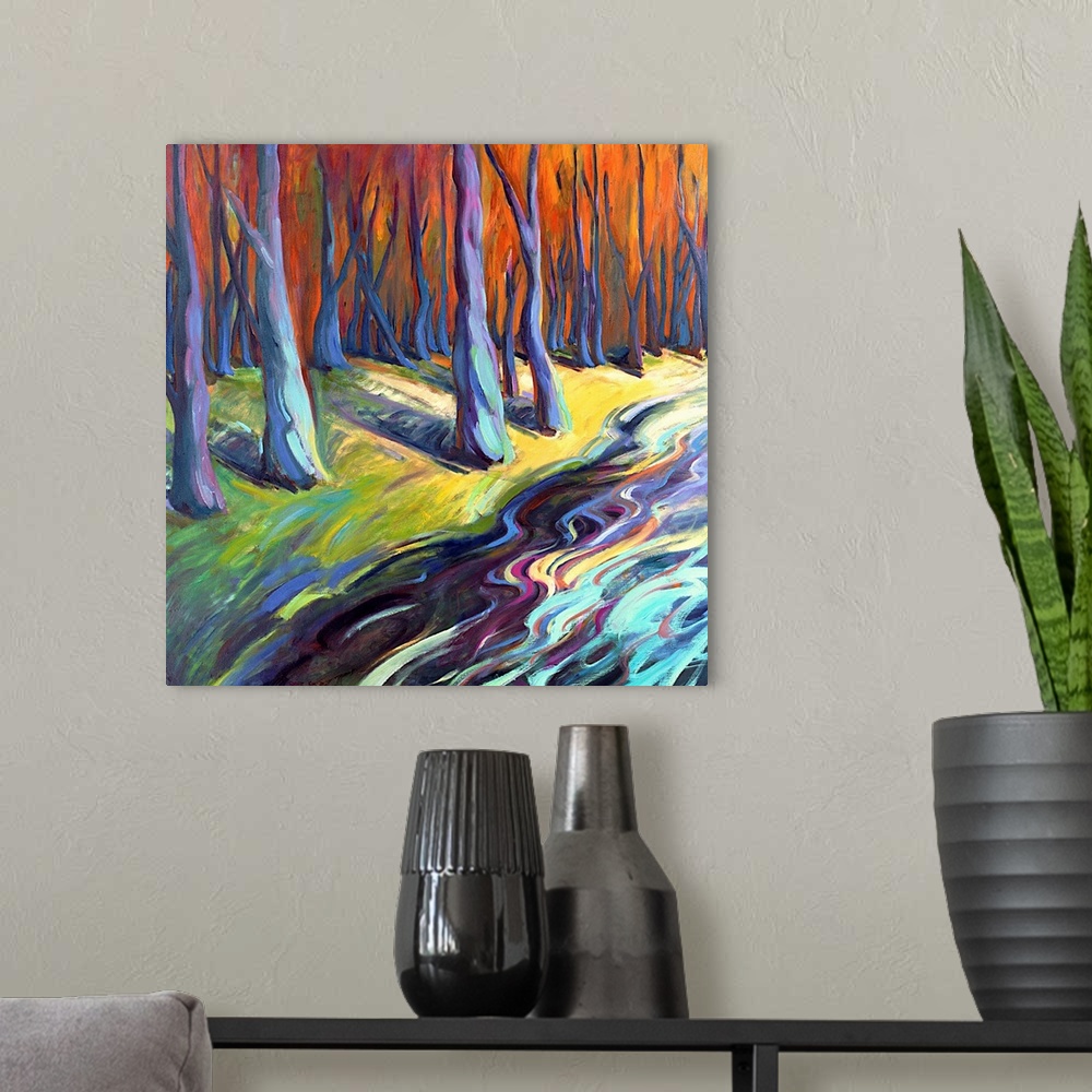 A modern room featuring A contemporary abstract painting of a river in a forest painted with colorful brush strokes.