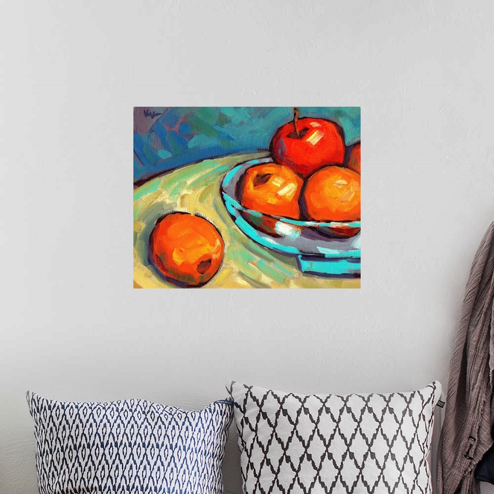 A bohemian room featuring A contemporary abstract painting of a bowl of fruit in vibrant colors.