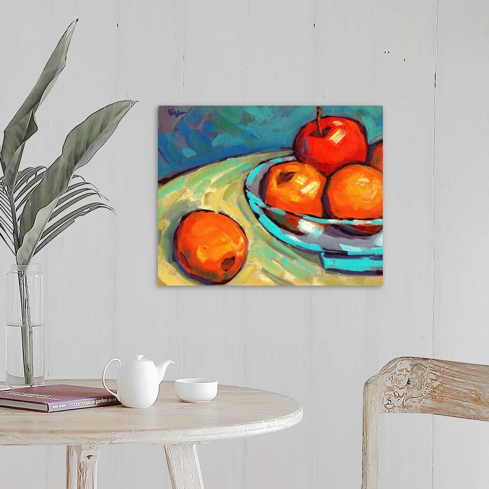 A farmhouse room featuring A contemporary abstract painting of a bowl of fruit in vibrant colors.