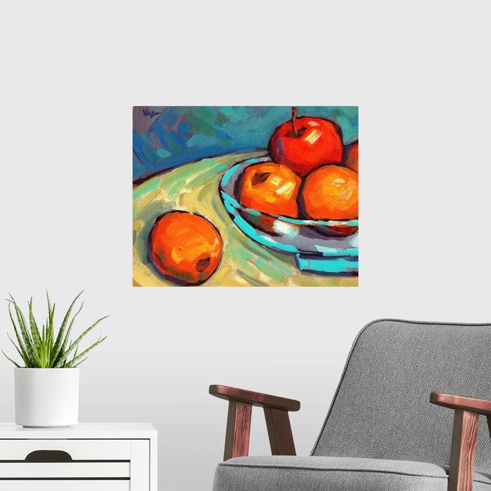 A modern room featuring A contemporary abstract painting of a bowl of fruit in vibrant colors.