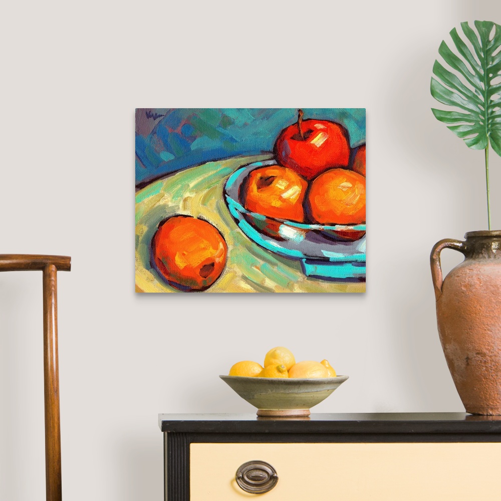A traditional room featuring A contemporary abstract painting of a bowl of fruit in vibrant colors.