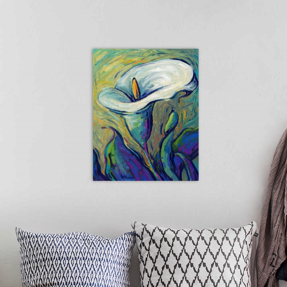 A bohemian room featuring A vertical contemporary painting of a single white lily.