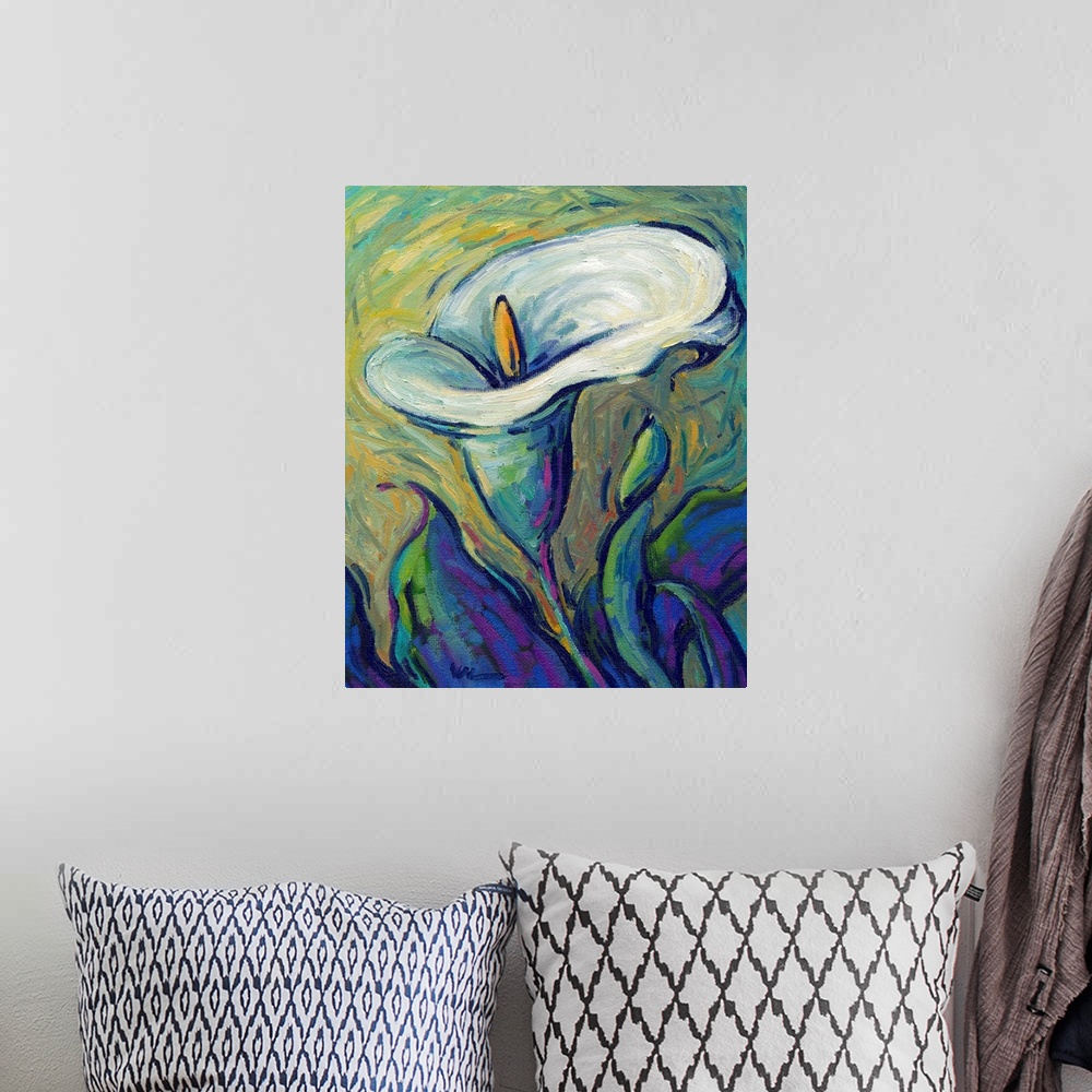 A bohemian room featuring A vertical contemporary painting of a single white lily.
