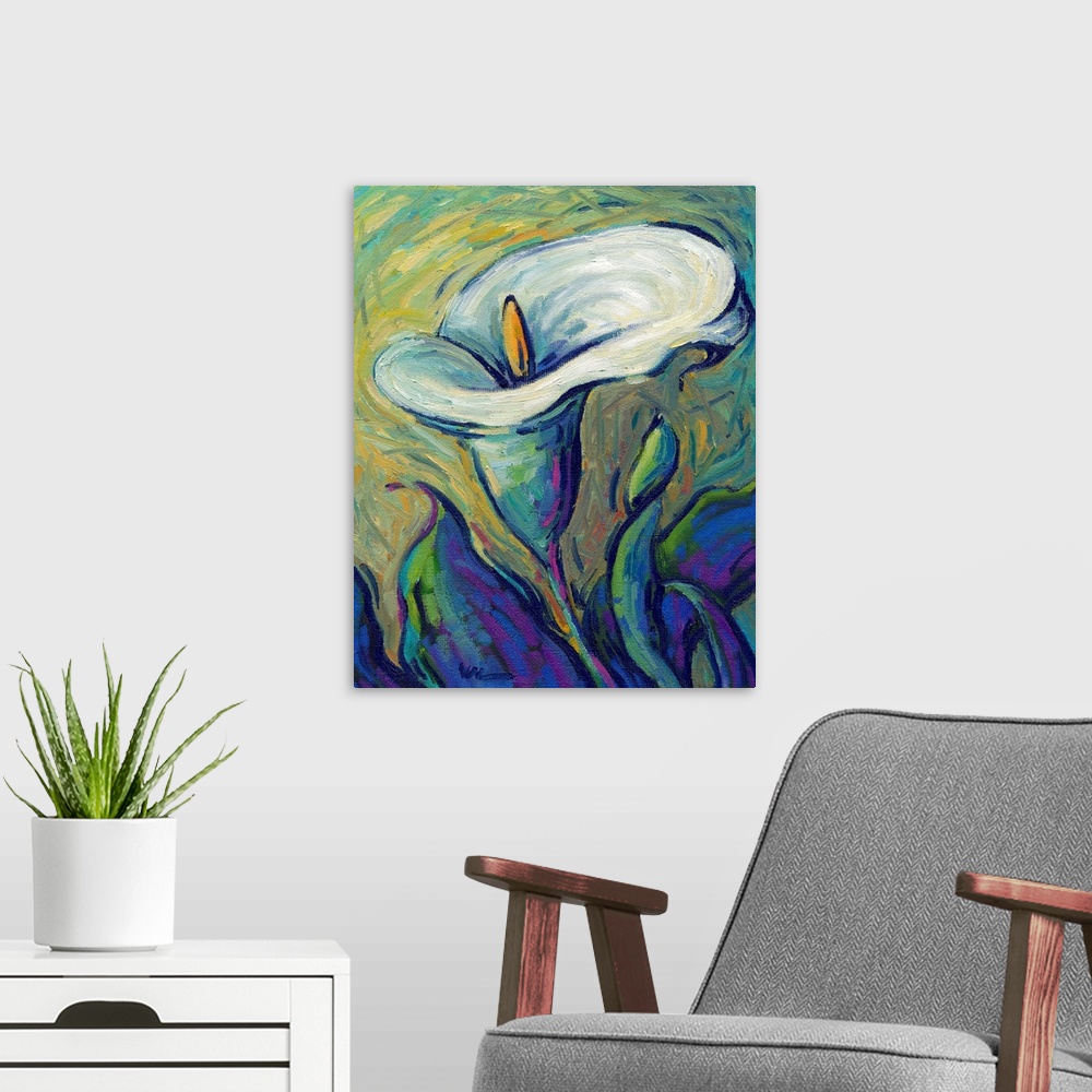 A modern room featuring A vertical contemporary painting of a single white lily.