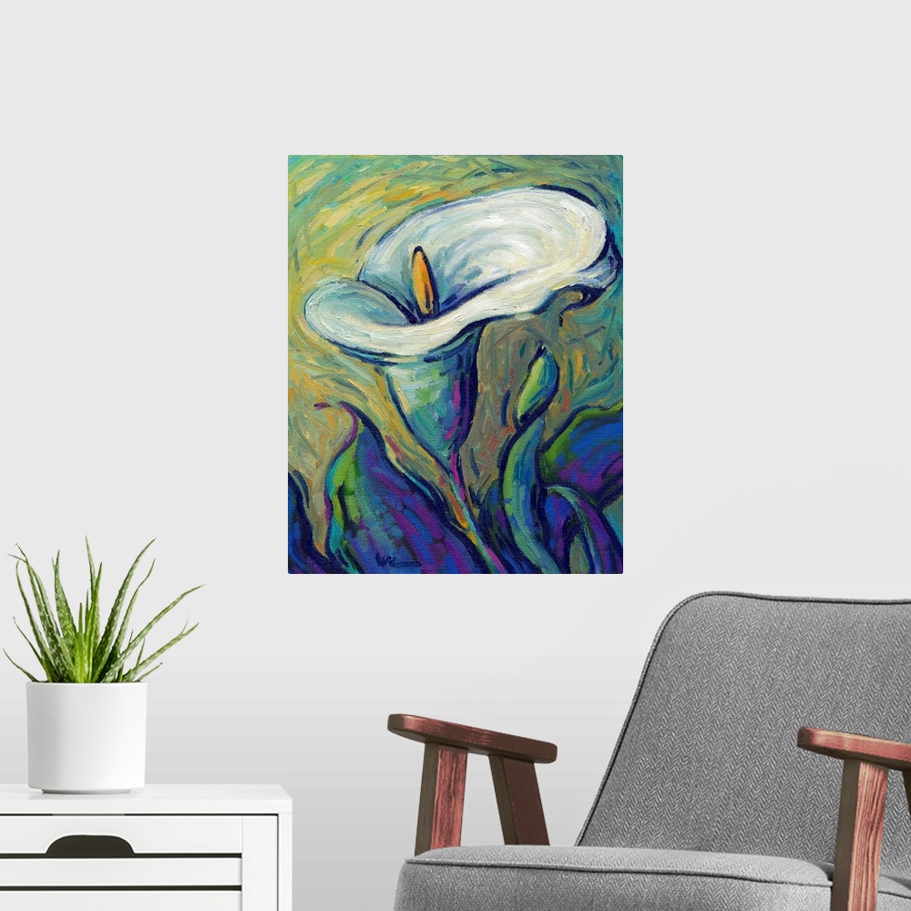 A modern room featuring A vertical contemporary painting of a single white lily.