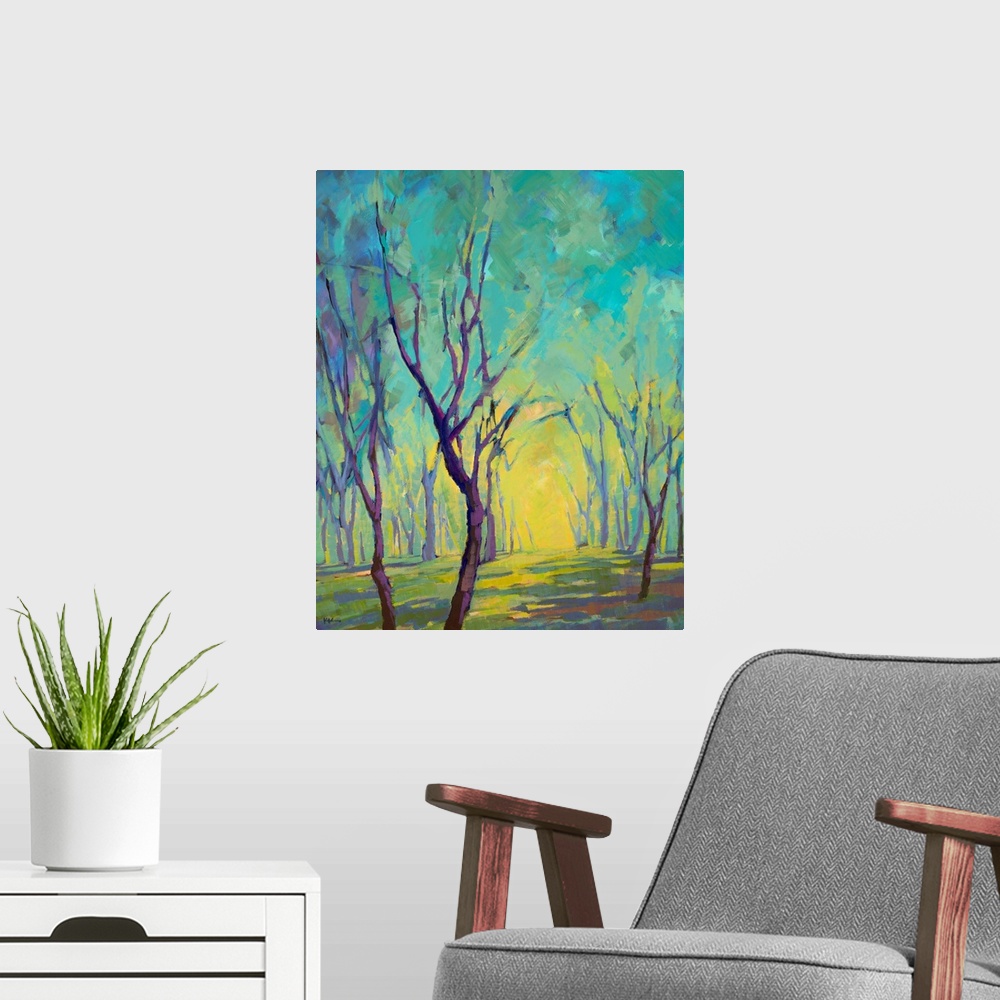 A modern room featuring Vertical painting of a forest in colors of blue, green and yellow.
