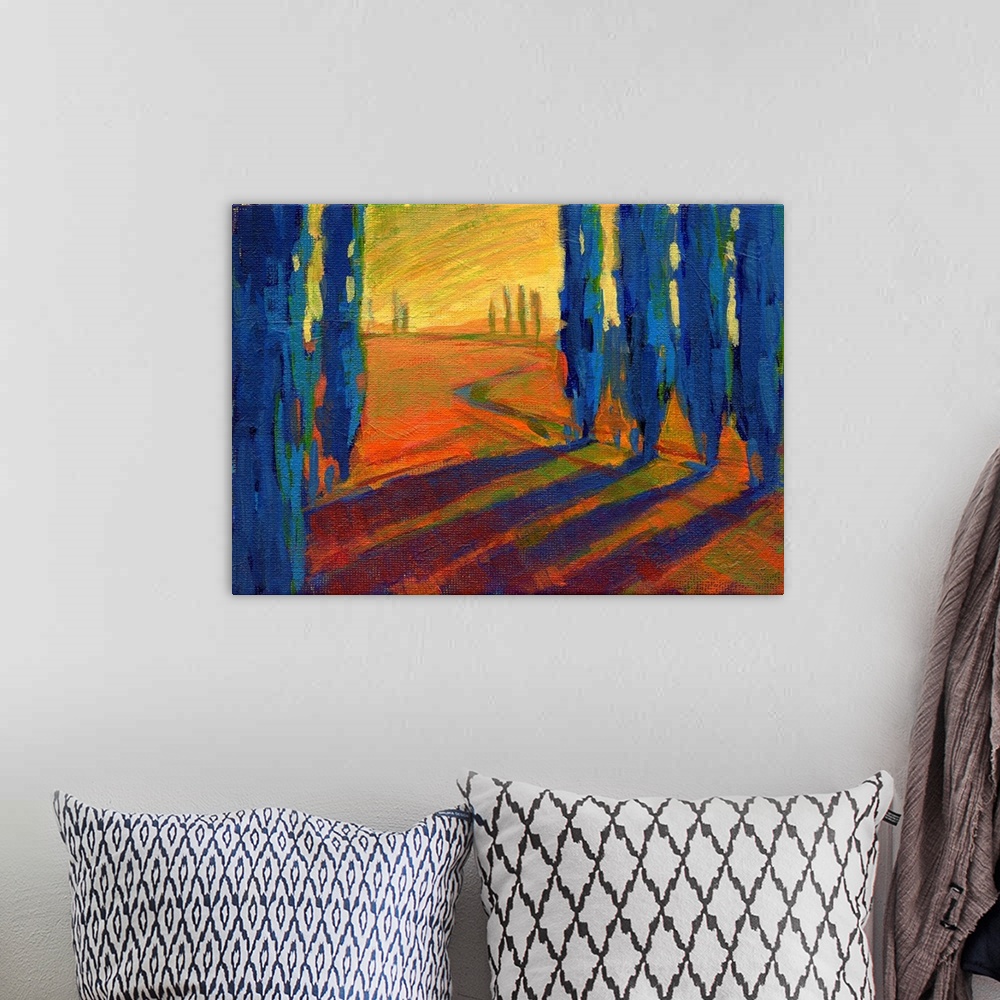 A bohemian room featuring A contemporary painting of a small country road framed by cypress trees.