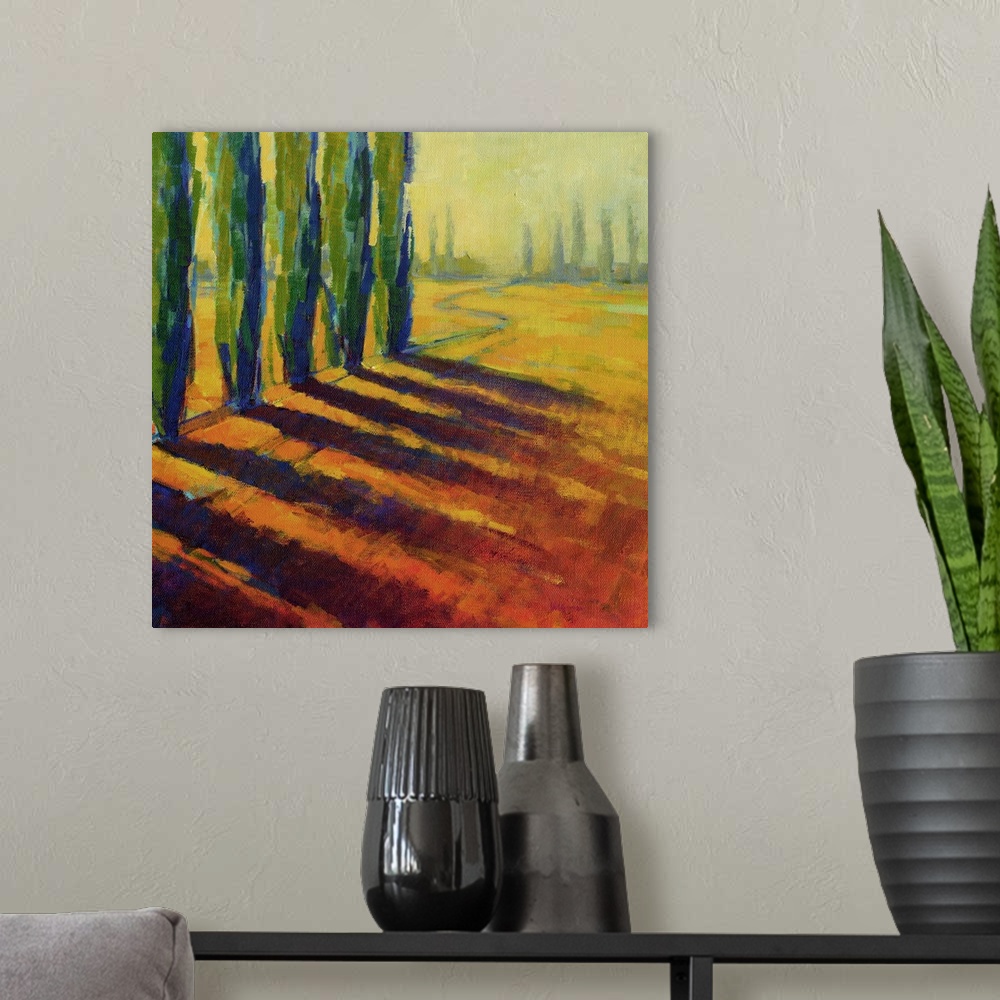 A modern room featuring A contemporary painting of a small country road framed by cypress trees.