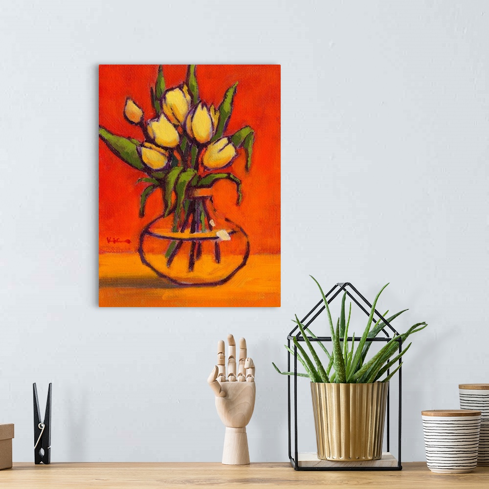 A bohemian room featuring A vertical contemporary painting of a glass vase of eloquent flowers.