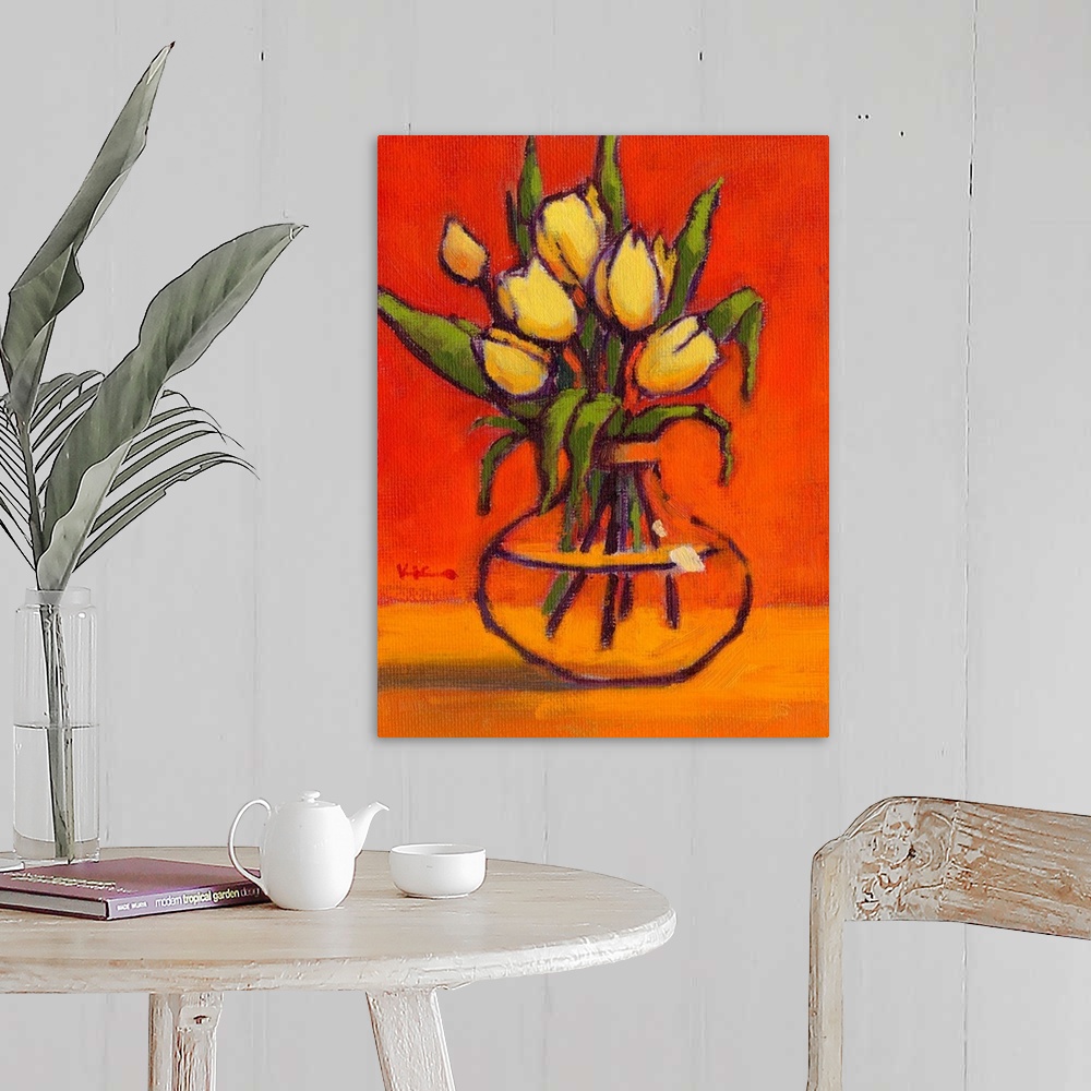 A farmhouse room featuring A vertical contemporary painting of a glass vase of eloquent flowers.