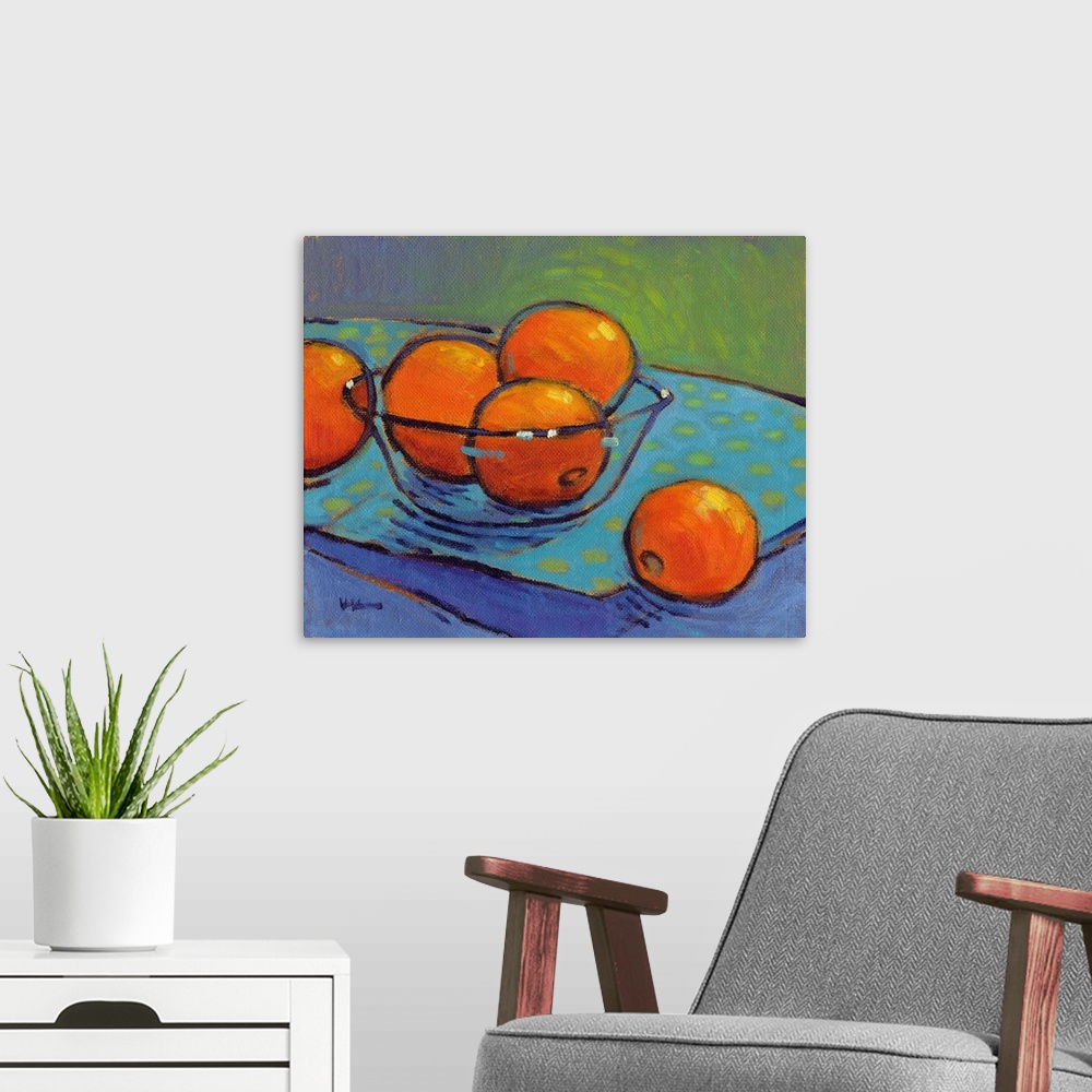 A modern room featuring A contemporary abstract painting of a bowl of oranges in vibrant colors.