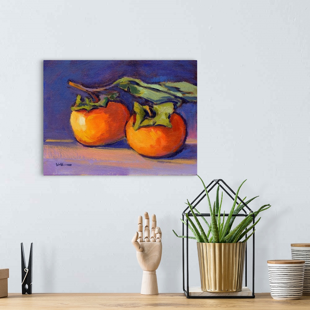 A bohemian room featuring Contemporary still life painting of two tomatoes still attached to the vine on a background made ...