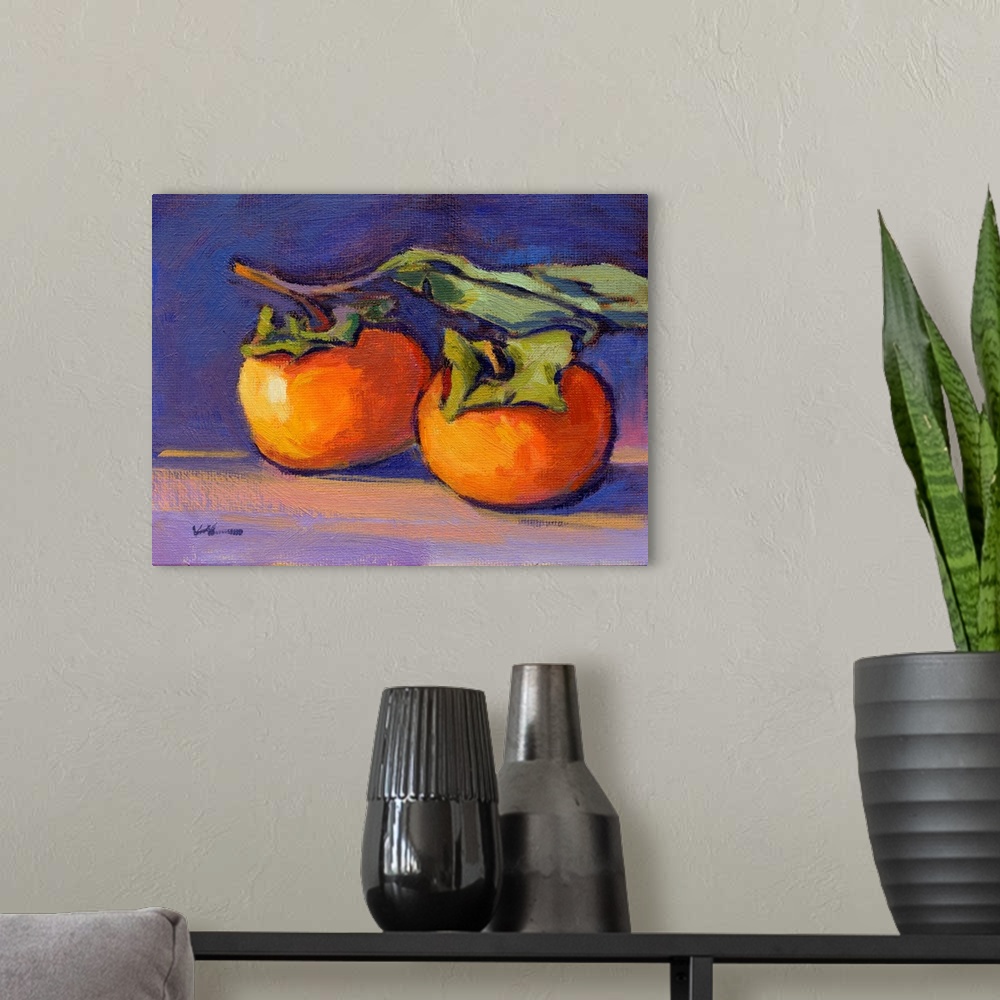 A modern room featuring Contemporary still life painting of two tomatoes still attached to the vine on a background made ...