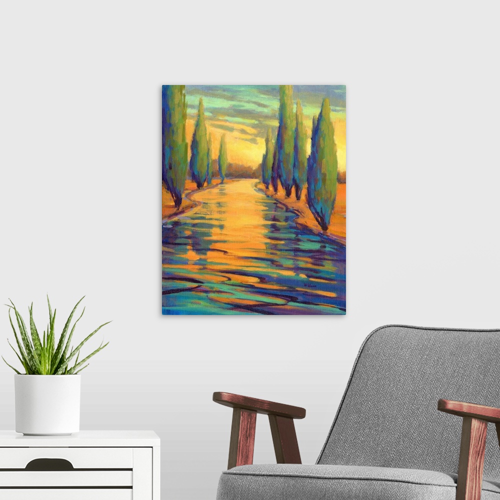 A modern room featuring A contemporary abstract painting in colorful brush strokes of a river framed by trees.
