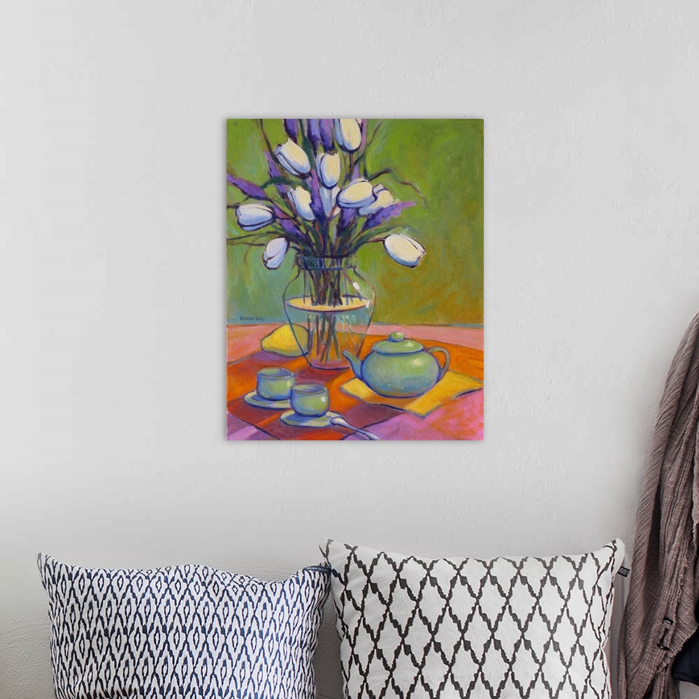 A bohemian room featuring A contemporary painting of a tabletop with a vase of flowers and teacups.