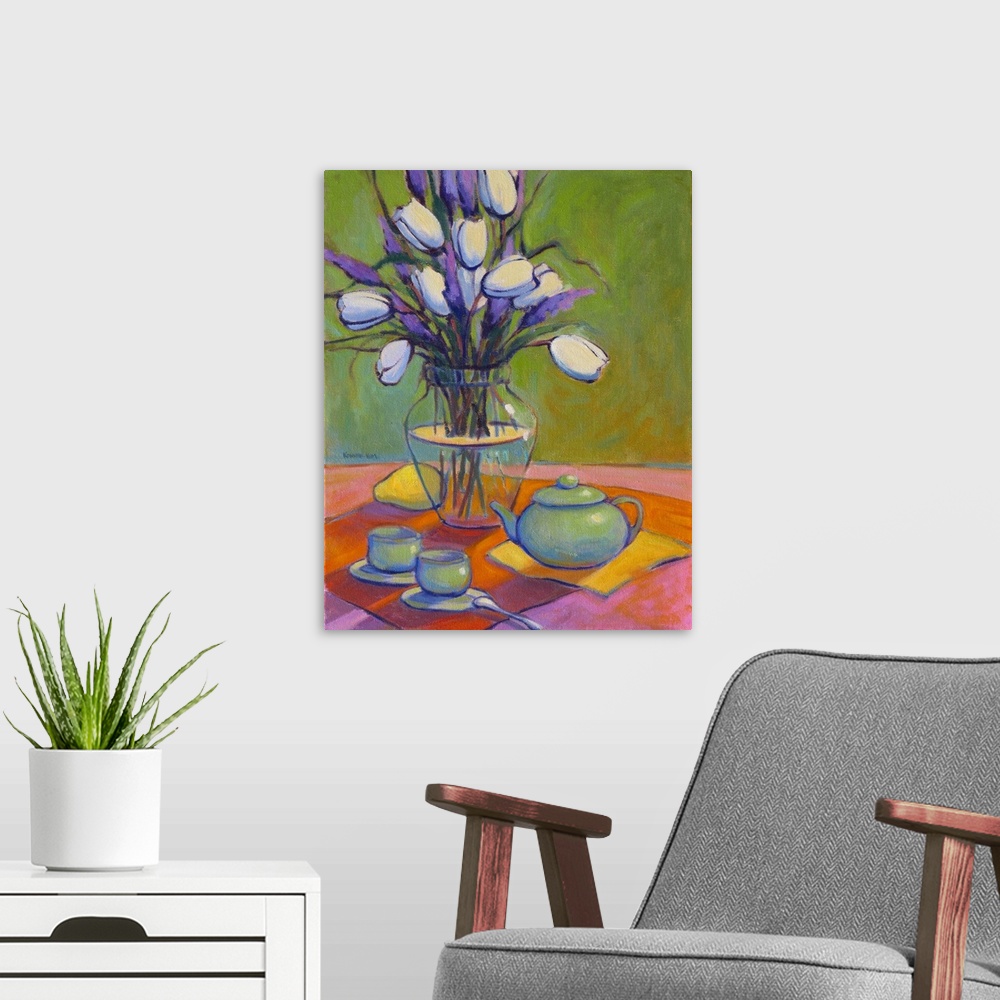 A modern room featuring A contemporary painting of a tabletop with a vase of flowers and teacups.