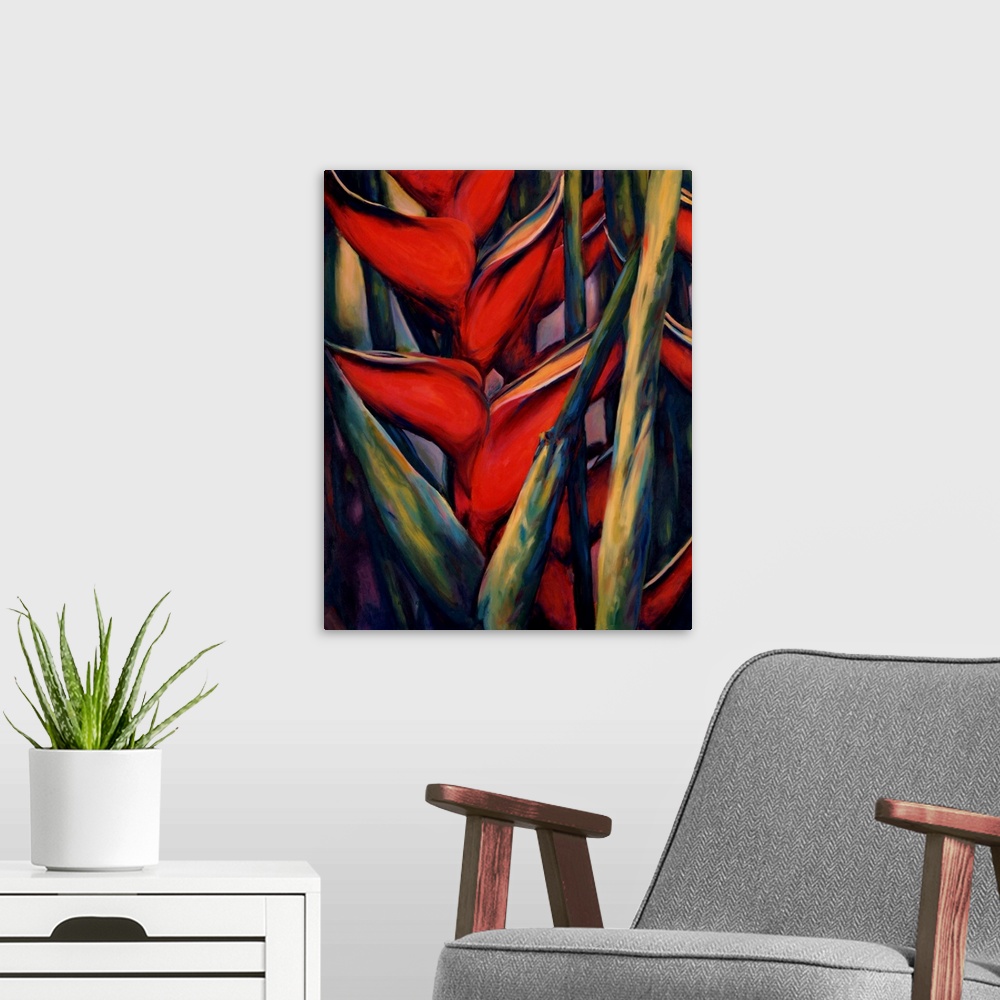 A modern room featuring A close up view of the vibrant red colors of the topical Heliconia plant.
