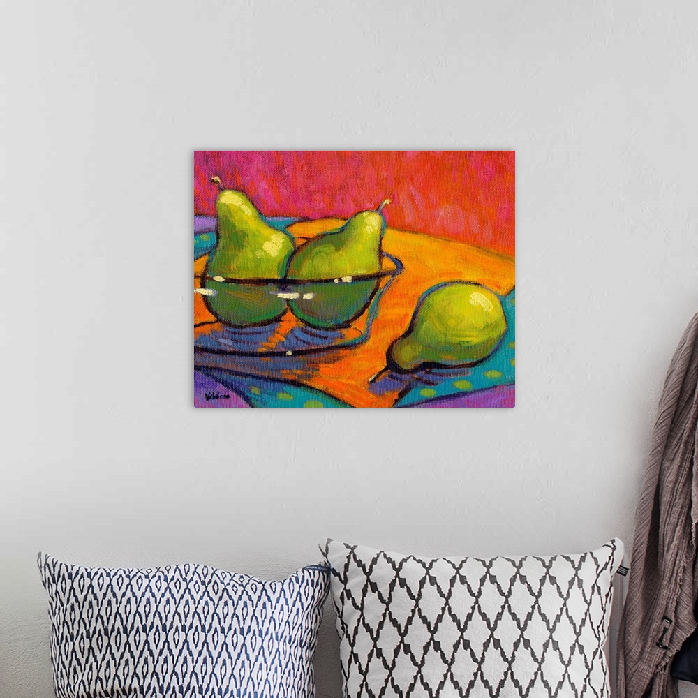 A bohemian room featuring A contemporary abstract painting of a bowl of pears in vibrant colors.