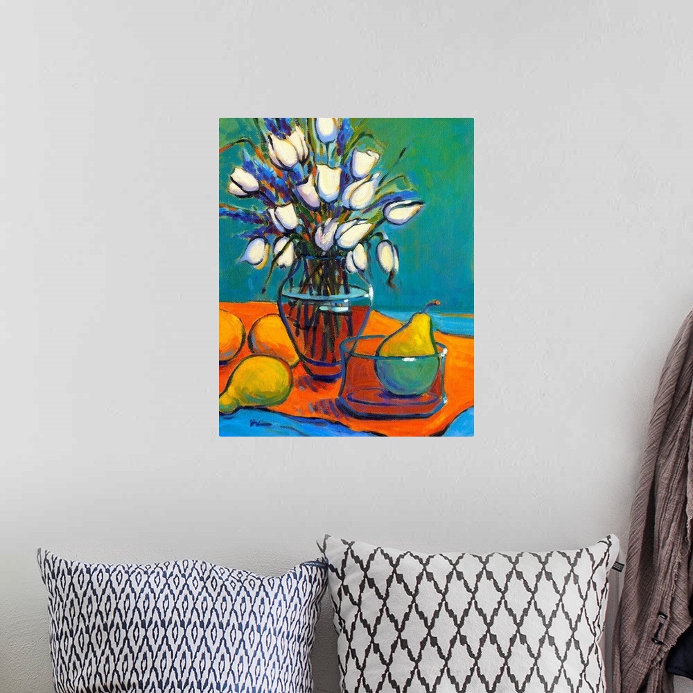 A bohemian room featuring A vertical contemporary painting of a glass vase of eloquent flowers and pears.
