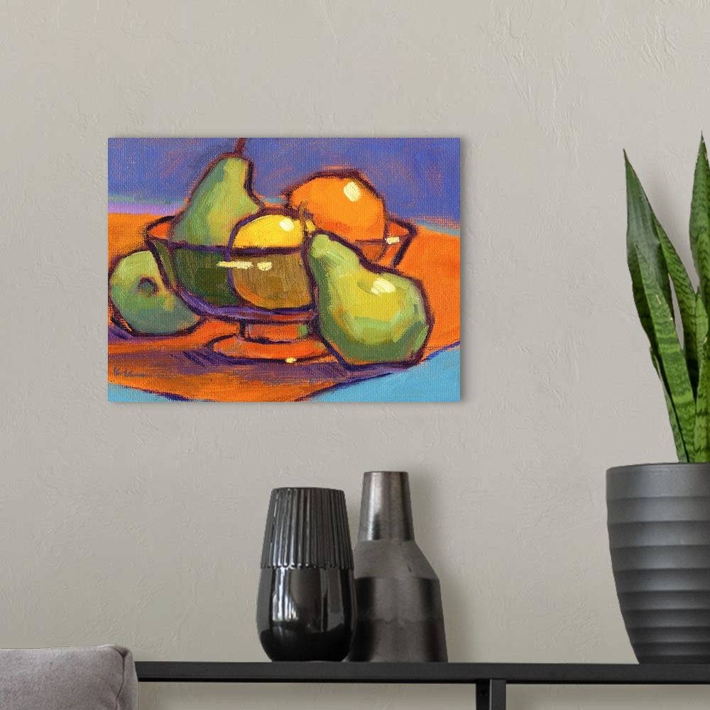 A modern room featuring A contemporary abstract painting of a bowl of fruit in vibrant colors.