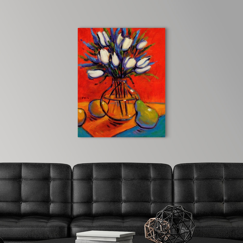A modern room featuring A vertical contemporary painting of a glass vase of eloquent flowers and pears.