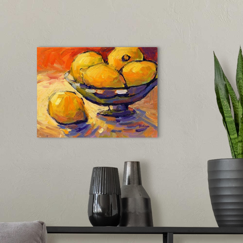 A modern room featuring A contemporary abstract painting of a bowl of lemons against a red background.