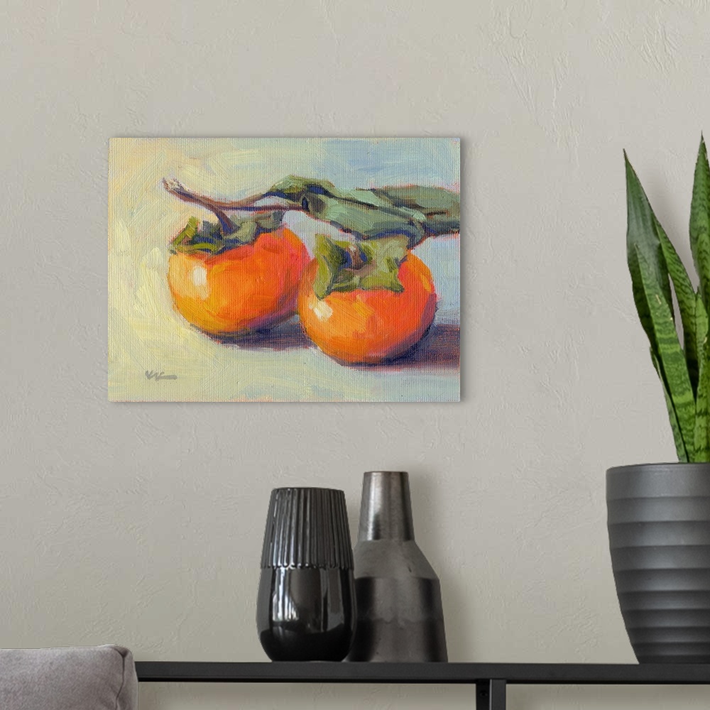 A modern room featuring A horizontal painting of a pair of persimmons.