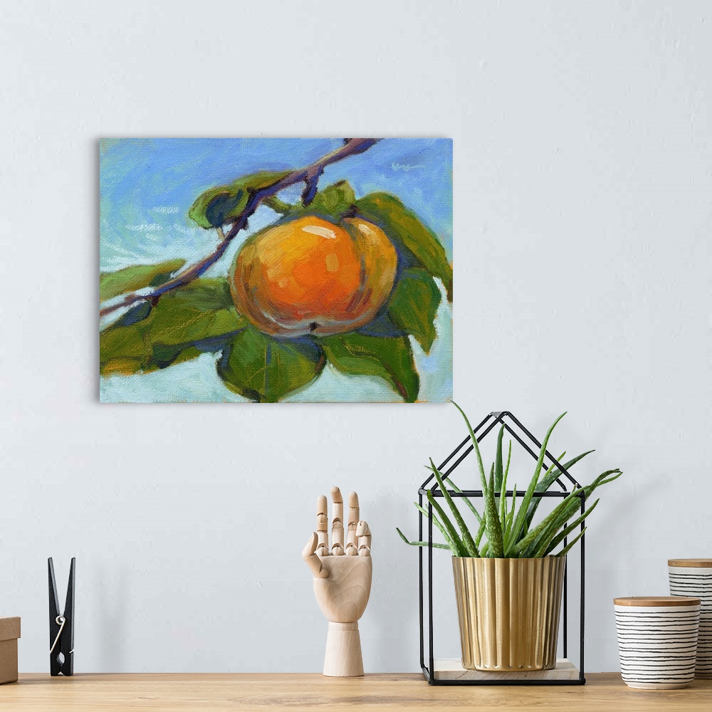 A bohemian room featuring A contemporary painting of a persimmon on a branch.