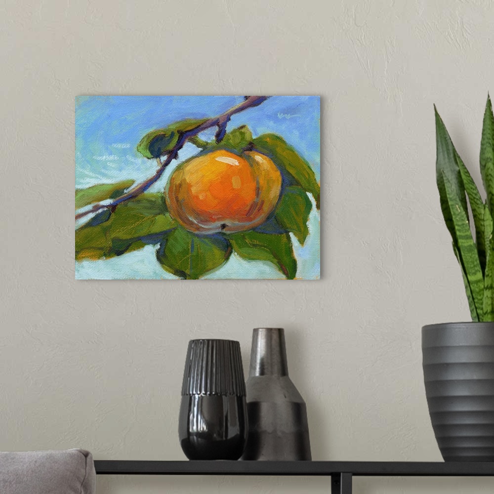 A modern room featuring A contemporary painting of a persimmon on a branch.