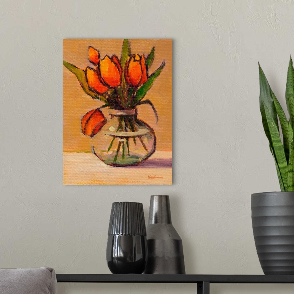 A modern room featuring A vertical contemporary painting of a glass vase of eloquent flowers.