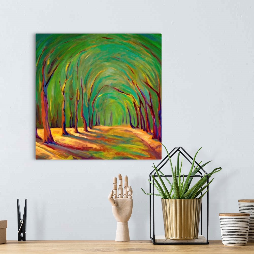 A bohemian room featuring A contemporary painting of a small  road framed by trees.