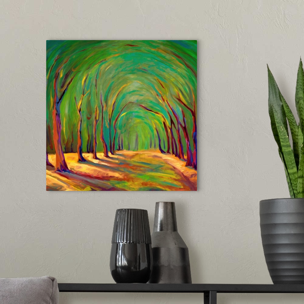 A modern room featuring A contemporary painting of a small  road framed by trees.