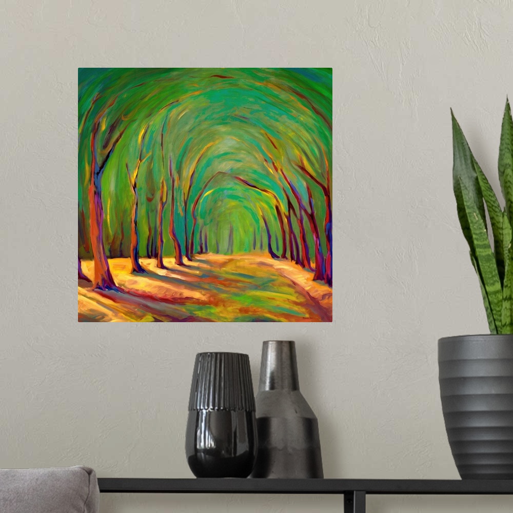 A modern room featuring A contemporary painting of a small  road framed by trees.