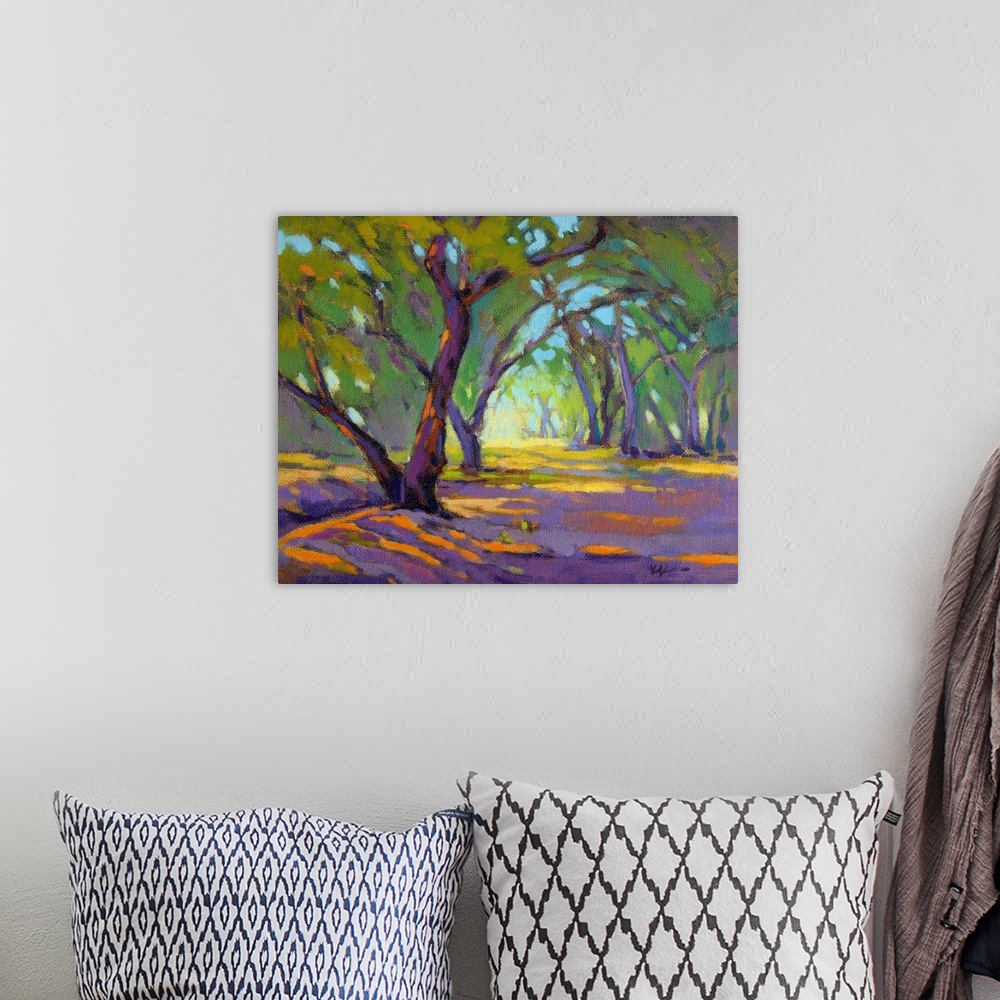 A bohemian room featuring Contemporary landscape with curved trees in a forest setting made with purple, orange, yellow, an...