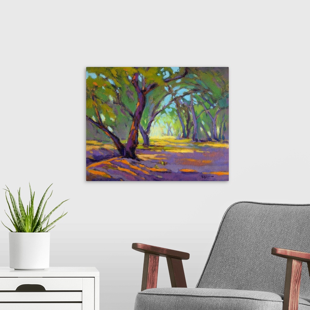 A modern room featuring Contemporary landscape with curved trees in a forest setting made with purple, orange, yellow, an...