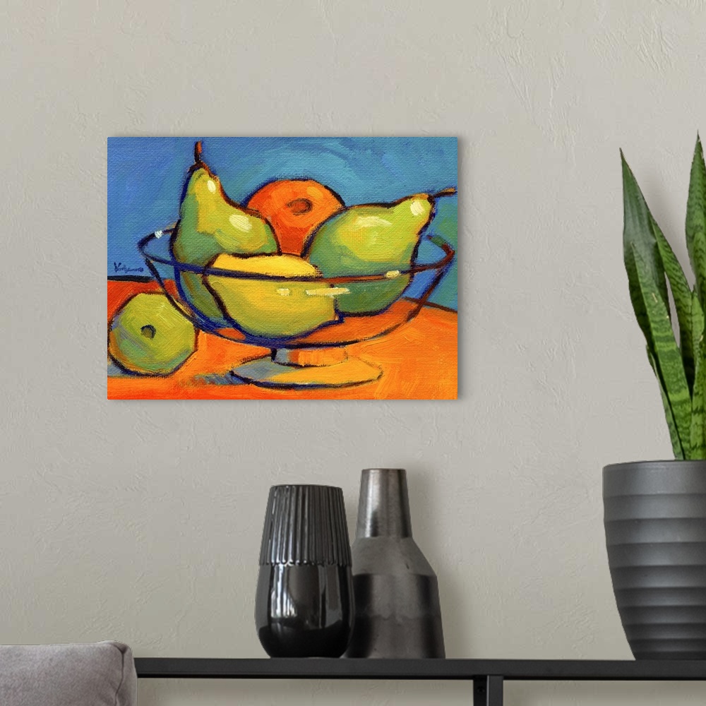 A modern room featuring Contemporary still life painting of a glass bowl filled with pears, a lemon, and an orange sittin...