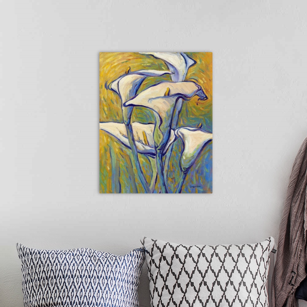 A bohemian room featuring A vertical contemporary painting of a bouquet of white lilies.