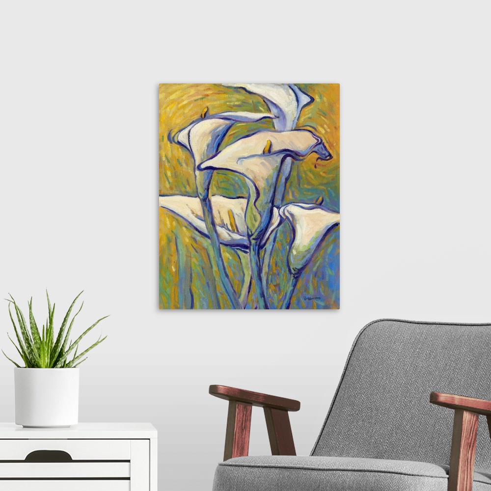 A modern room featuring A vertical contemporary painting of a bouquet of white lilies.