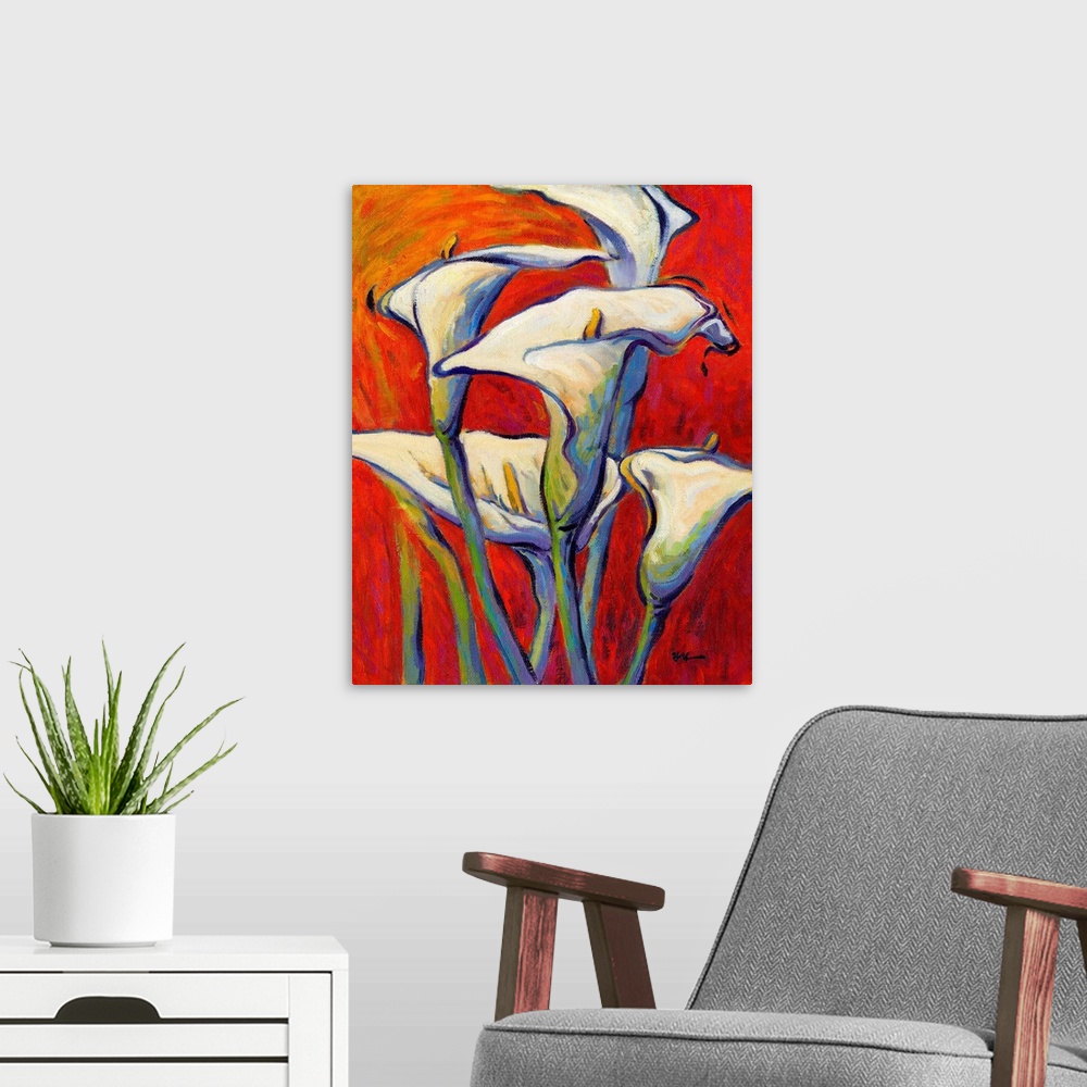 A modern room featuring A vertical contemporary painting of a bouquet of white lilies against a red background.
