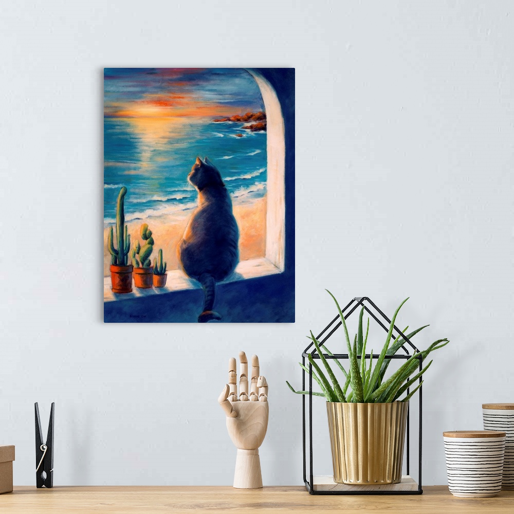 A bohemian room featuring A contemporary painting of a cat sitting on a window sill, looking out at the ocean waves during ...
