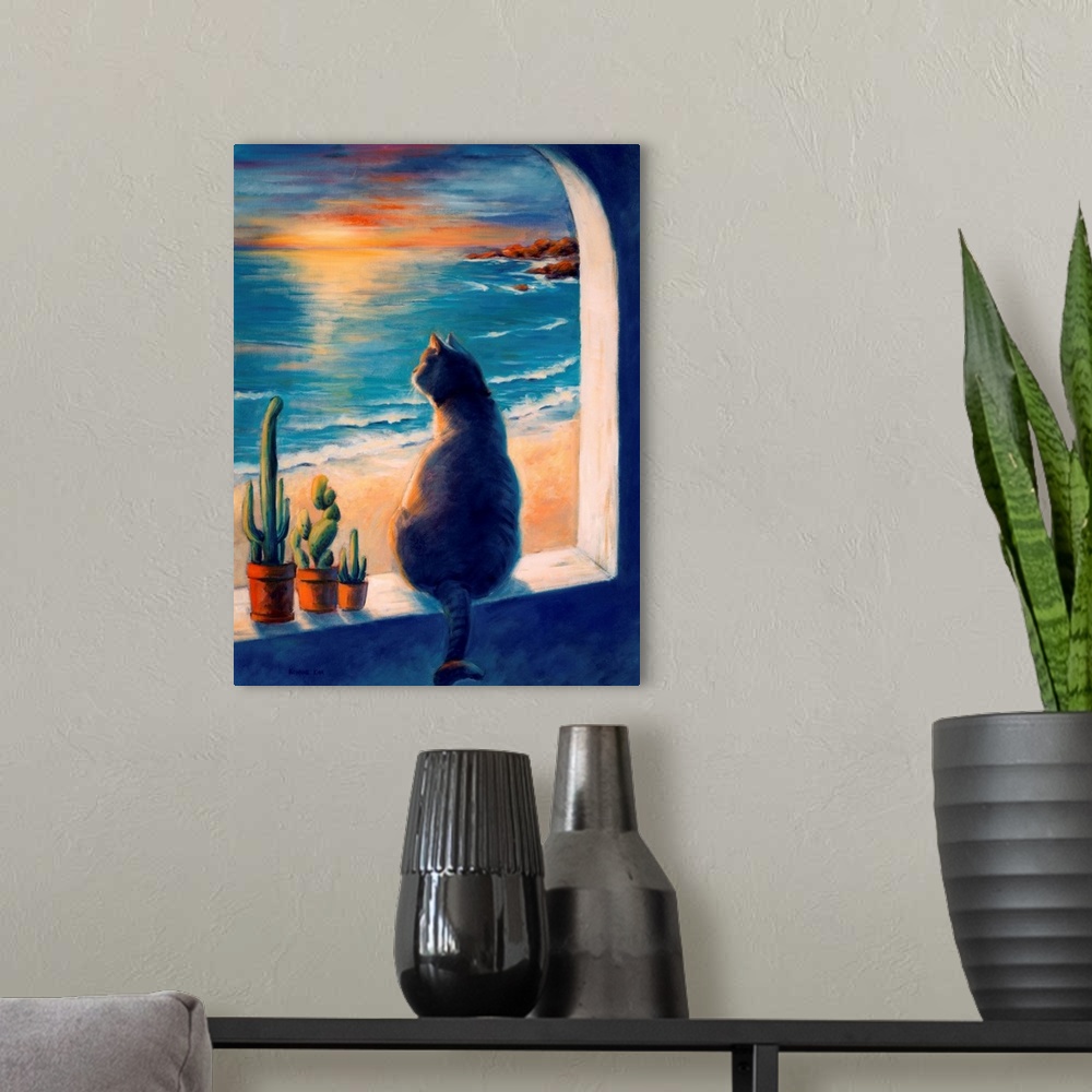 A modern room featuring A contemporary painting of a cat sitting on a window sill, looking out at the ocean waves during ...