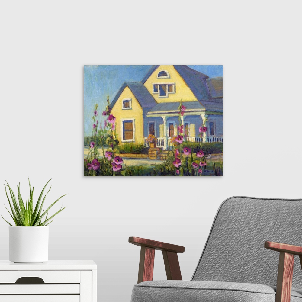 A modern room featuring A contemporary painting of a yellow house with pink flowers in a garden.