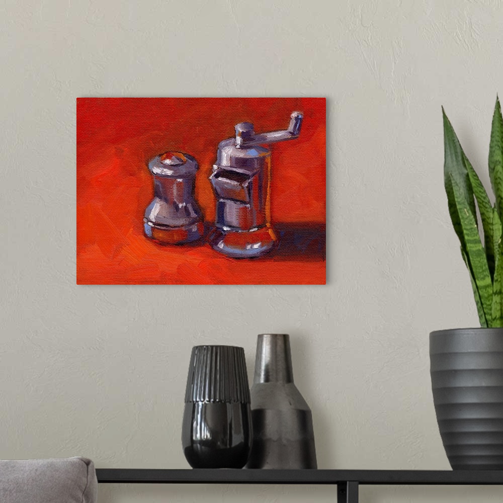A modern room featuring A contemporary still life painting of a salt and pepper grinder.