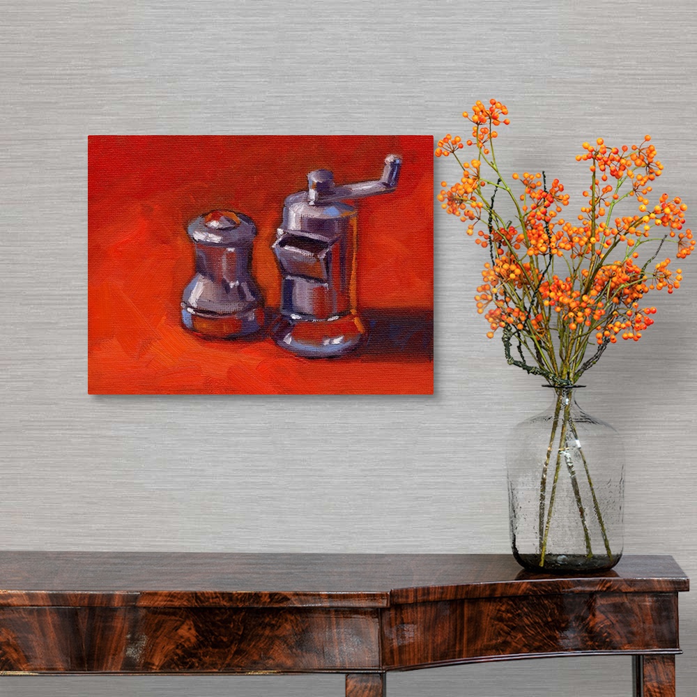A traditional room featuring A contemporary still life painting of a salt and pepper grinder.