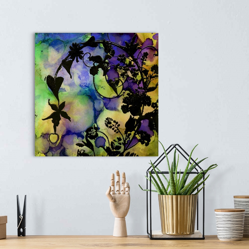 A bohemian room featuring Square painting of flowery vines against a multicolored watercolor background.