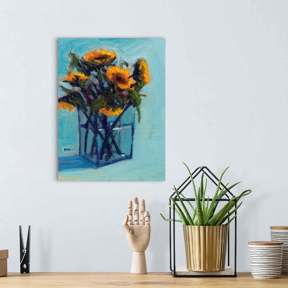 A bohemian room featuring A vertical contemporary painting of a glass vase of eloquent summer flowers.
