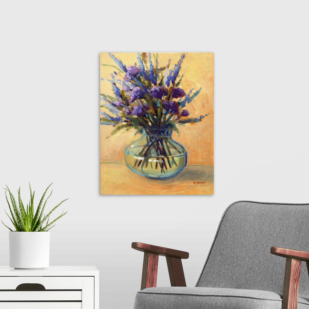 A modern room featuring A vertical contemporary painting of a glass vase of eloquent summer flowers.