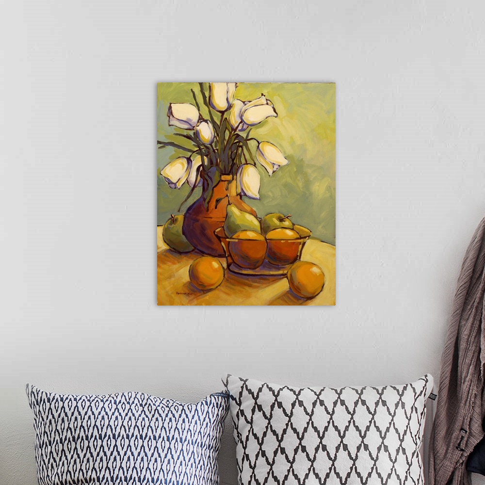 A bohemian room featuring A vertical contemporary painting of a glass vase of eloquent flowers with pears and oranges.